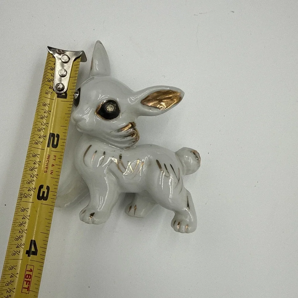 Vintage Japan White Porcelain Bunny Rabbit Figurine Gold Gilt Rhinestone Eyes